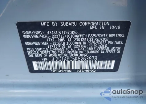 2019 Subaru Crosstrek 2.0I Premium from USA, damaged, VIN JF2GTAEC5K8263878
